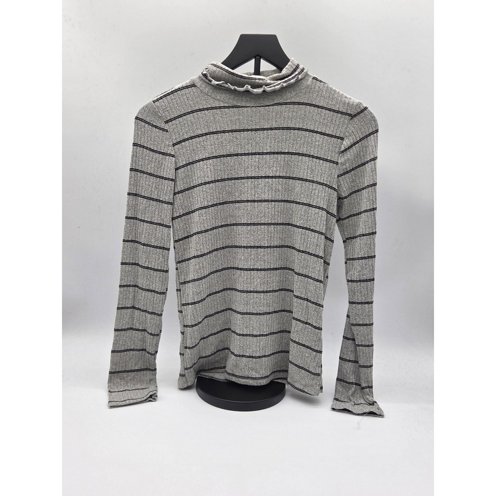 Ginger G Gray Black Striped Ribbed Mock Neck Long Sleeve Top Size S
